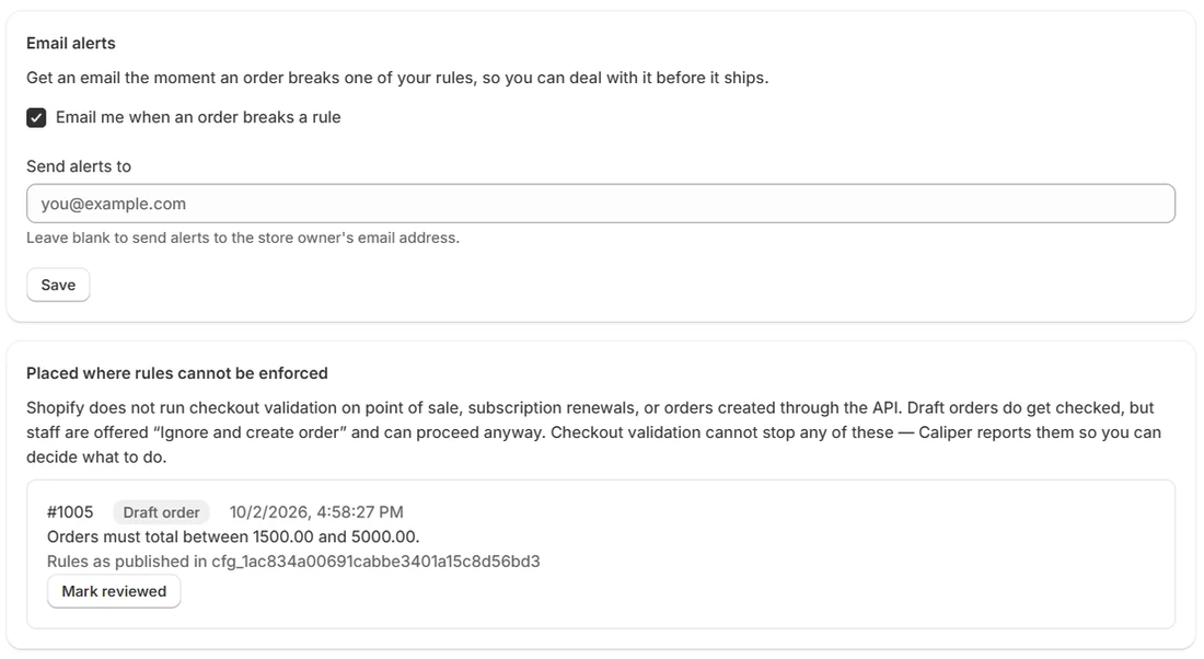 Caliper's Order alerts page: email alerts switched on, and a draft order flagged for breaking the cart value rule