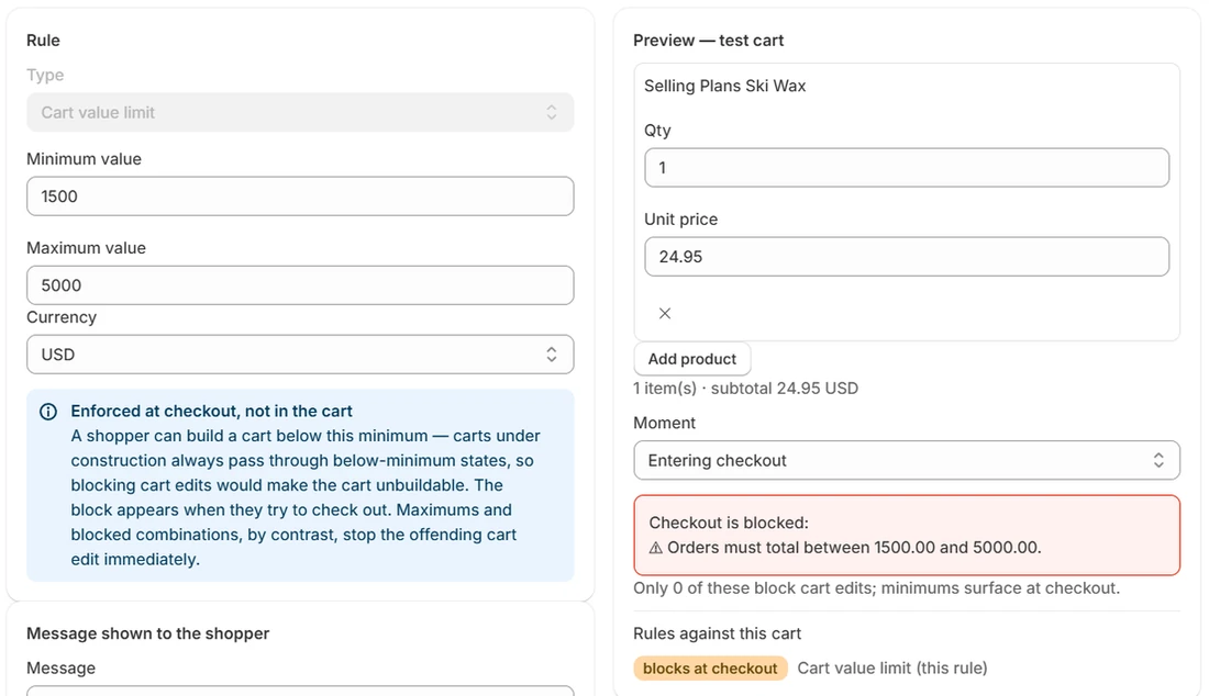 Caliper's rule editor: a cart value limit of 1500 to 5000 USD, with a preview showing a 24.95 USD cart blocked at checkout